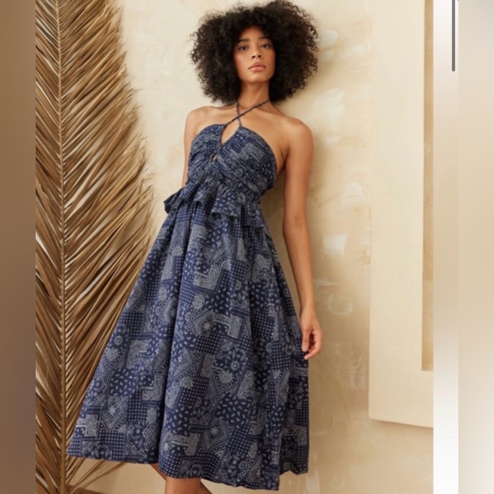 En Saison Daytona bandana halter midi dress navy white xs new